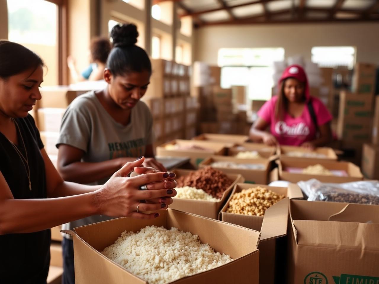 Voluntárias organizando caixas de alimentos para famílias atendidas pelo projeto